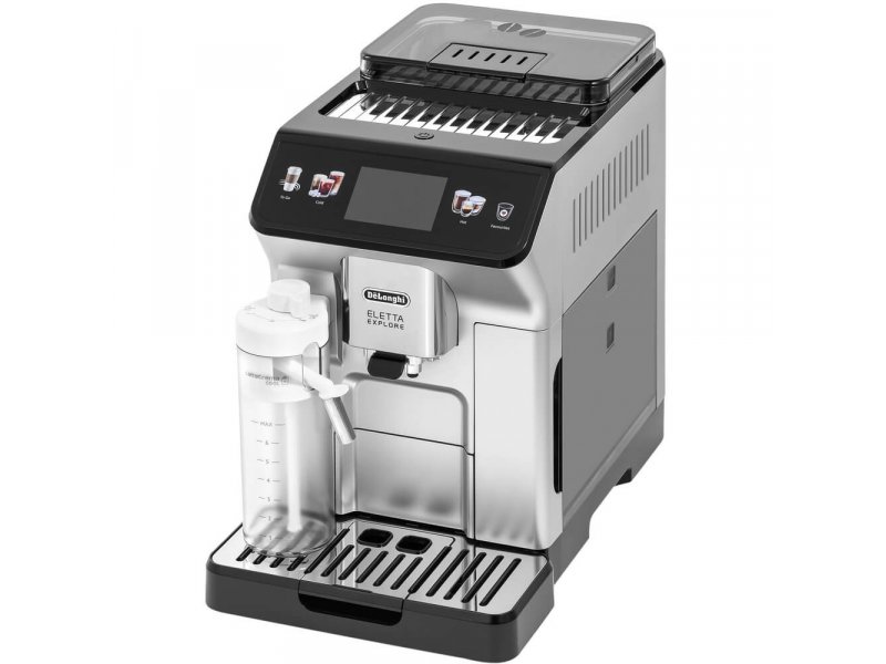 De Longhi Eletta Explore ECAM 450.55.S серебристый — фронтальный вид с контейнером для молока