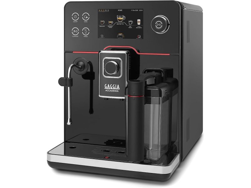Gaggia Accademia Glass черный — вид спереди под углом, сенсорная панель, съёмный молочник и резервуар для воды