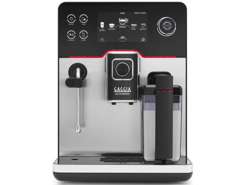 Gaggia Accademia Inox серебристый — фронтальный вид с молочником и сенсорной панелью управления