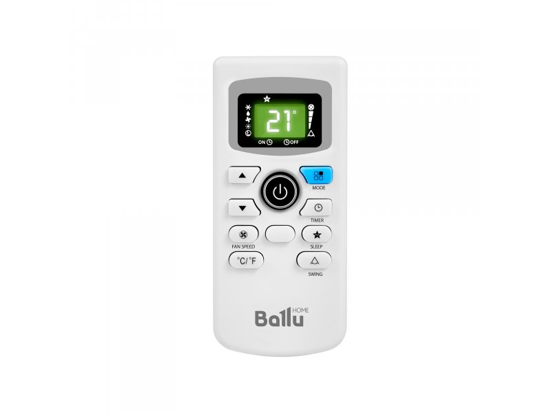 Ballu Smart Pro BPAC-20 CE_20Y пульт ДУ с ЖК-дисплеем, отображение температуры 21°C и функциональные кнопки