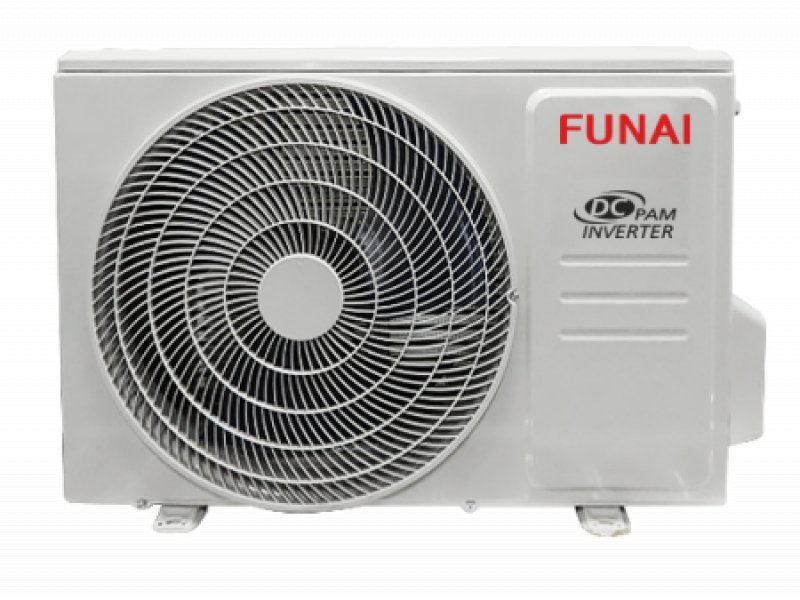 Funai Akoya Inverter наружный блок с крупным вентилятором, надпись DC PAM INVERTER, виброопоры в комплекте