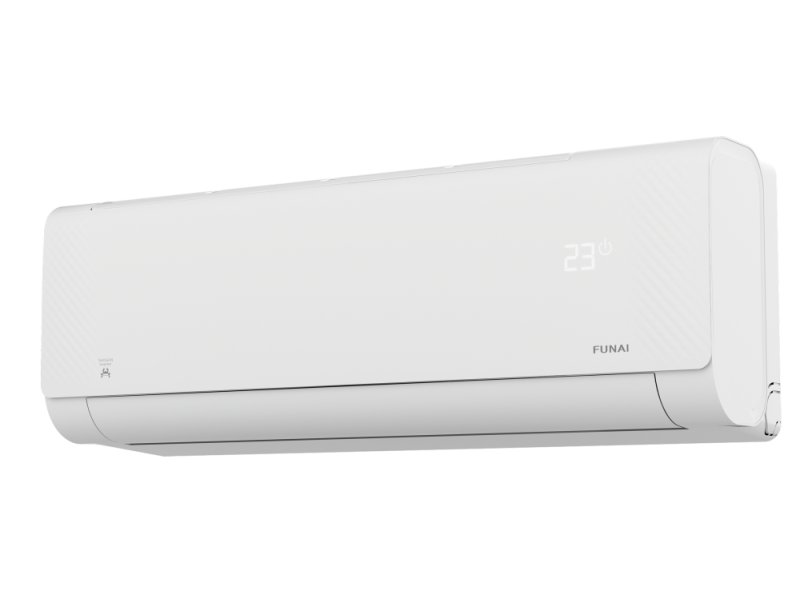 Funai RAC-I-SG30HP.D04 — дизайн внутреннего блока, дисплей 29°C, вид спереди под углом