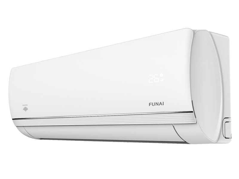 Funai Kadzoku RAC-KD25HP.D02 внутренний блок вид под углом закруглённый корпус белый