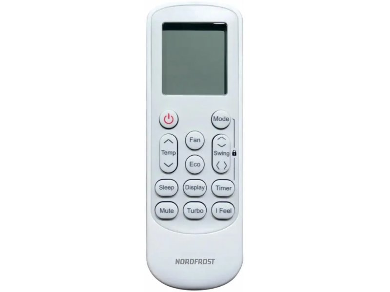 Nordfrost I 18 QUB пульт управления — ЖК-дисплей, кнопки Power, Mode, Fan, Turbo, I Feel, Sleep, Timer, логотип Nordfrost