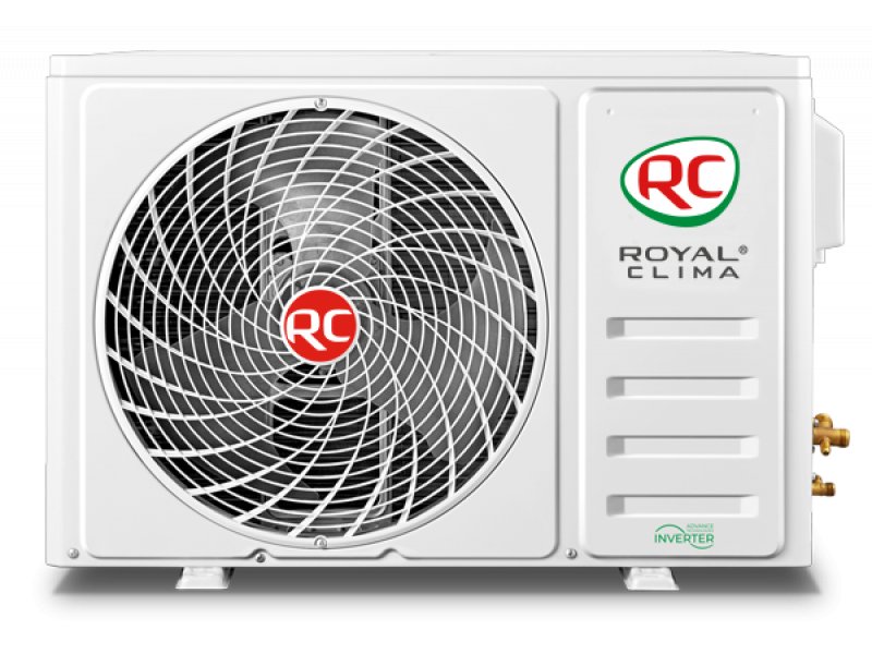 Royal Clima RCI-AR22HN наружный блок с компрессором, вентилятором, логотипом Royal Clima и медными портами подключения