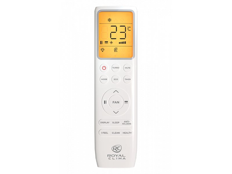 Royal Clima RCI-PFD30HN пульт ДУ с жёлтым дисплеем &mdash; температура 23 &deg;C, кнопки режимов и скоростей вентилятора