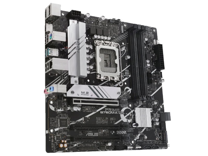 ASUS Prime B760M-A D4-CSM трёхмерный вид порты ввода-вывода слоты памяти разъёмы питания mATX