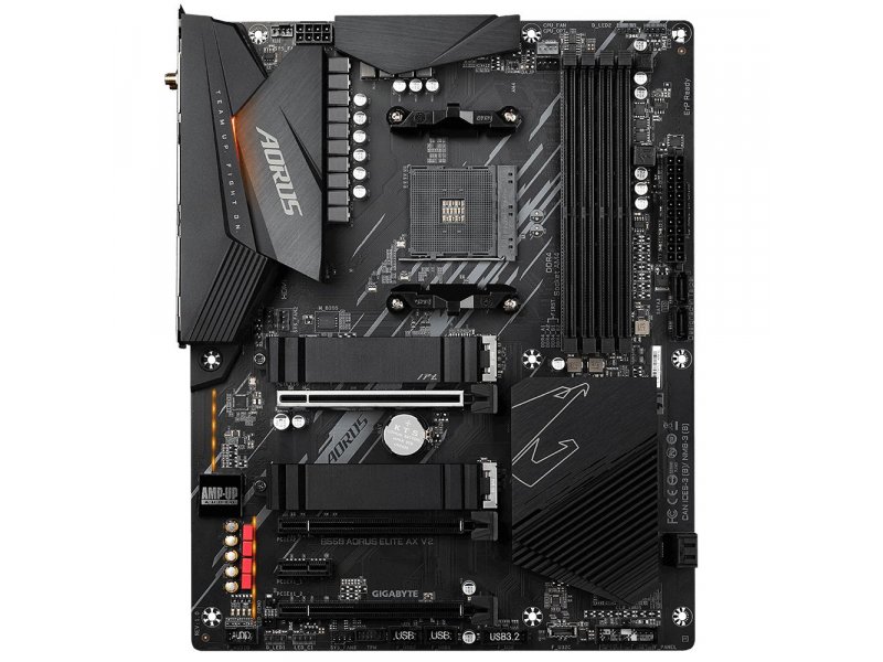 Gigabyte B550 Aorus Elite AX V2 вид сверху — сокет AM4, слоты DDR4, фазы питания и радиаторы VRM