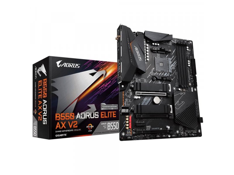 Gigabyte B550 Aorus Elite AX V2 с упаковкой и установленным кулером — общий вид