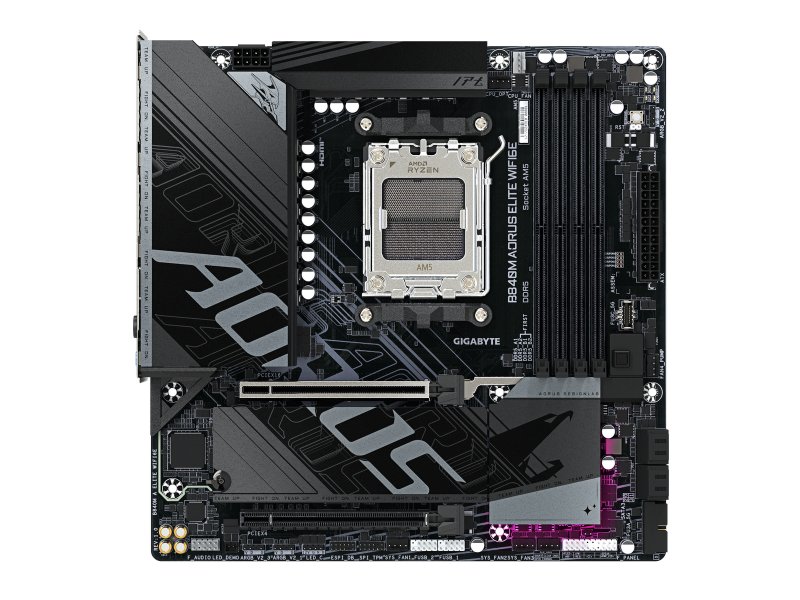 GIGABYTE B840M AORUS ELITE WIFI6E вид сверху — сокет AM5, радиаторы VRM и M.2, расположение слотов DDR5