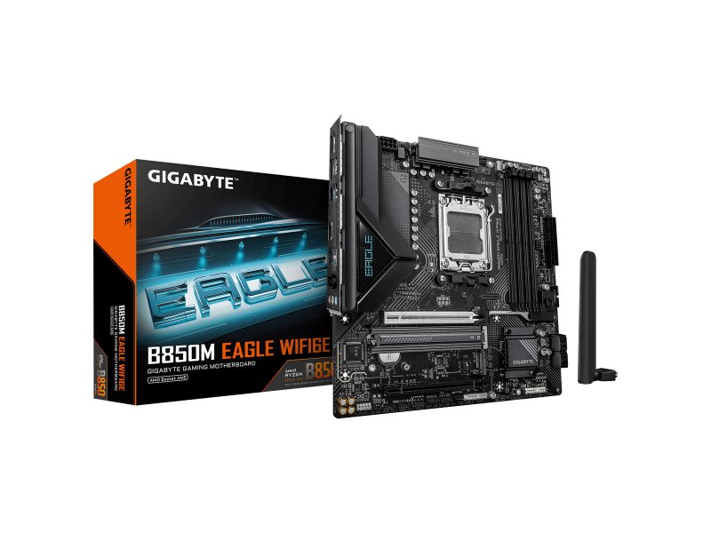 Gigabyte B850M Eagle WiFi6E комплект поставки — коробка, материнская плата и Wi-Fi антенна
