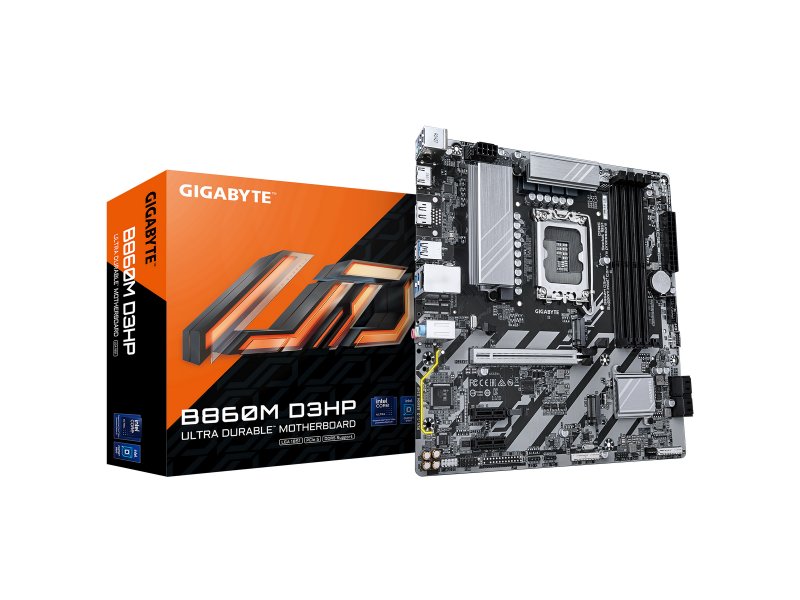 GIGABYTE B860M D3HP слоты DDR5 DIMM и разъёмы M.2 на плате крупным планом