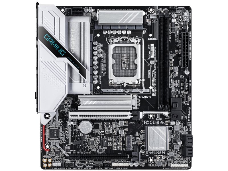 Gigabyte B860M Gaming WiFi6 LGA 1851 — вид сверху, слоты DDR5, PCIe 5.0 и разъёмы M.2 отчётливо видны