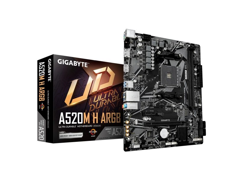 Gigabyte A520M H ARGB в комплектной упаковке — коробка GIGABYTE, кабели SATA, заглушка I/O