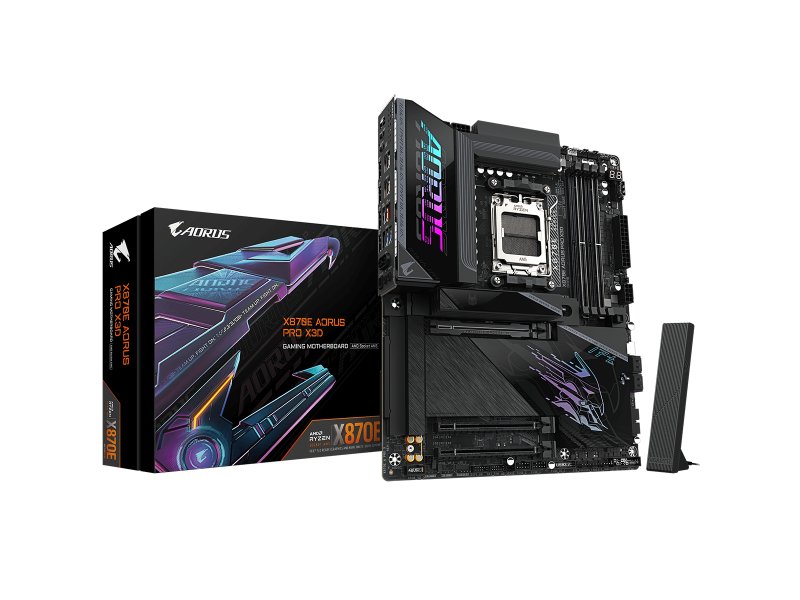 Gigabyte X870E Aorus Pro X3D комплектация — плата, кабели, антенна Wi-Fi, крепёжный комплект, документация