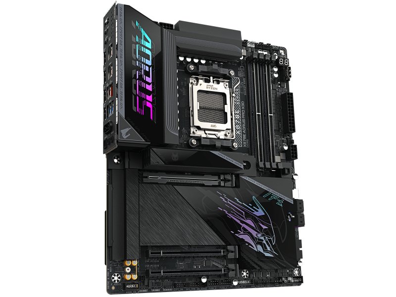 Gigabyte X870E Aorus Pro X3D полный вид платы — все компоненты, ARGB подсветка, дизайн AORUS