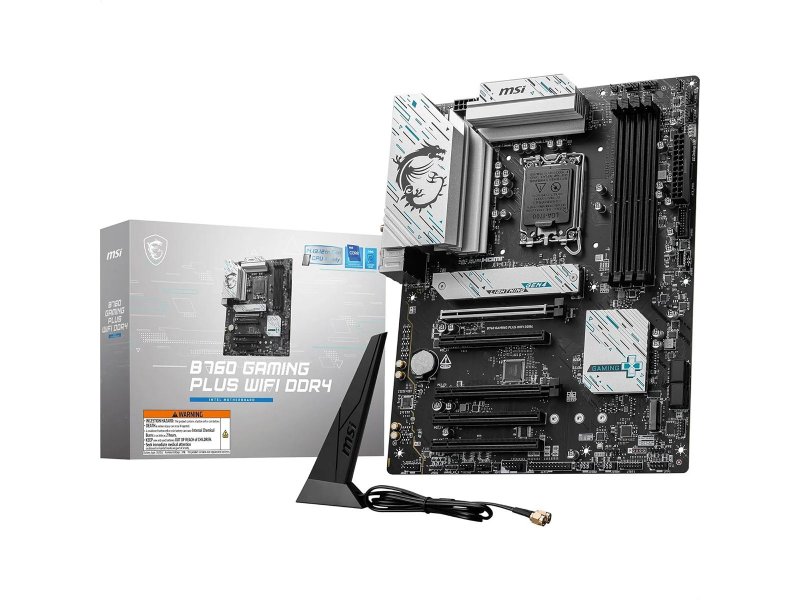 MSI B760 Gaming Plus WiFi комплектация — коробка, материнская плата, антенна Wi-Fi на подставке