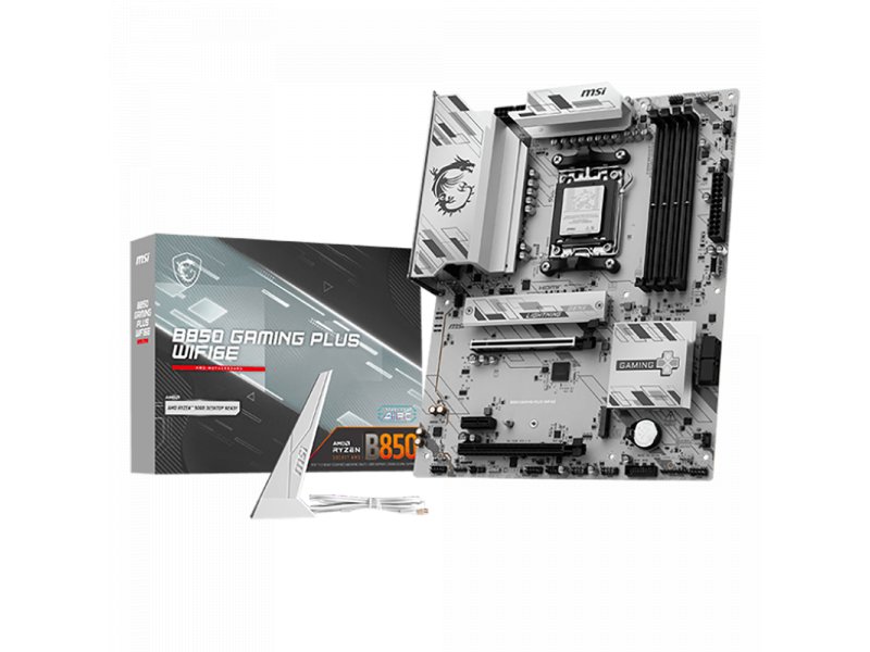 MSI B850 Gaming Plus WiFi6E — комплектация: плата, кабели SATA, антенна Wi-Fi, документация
