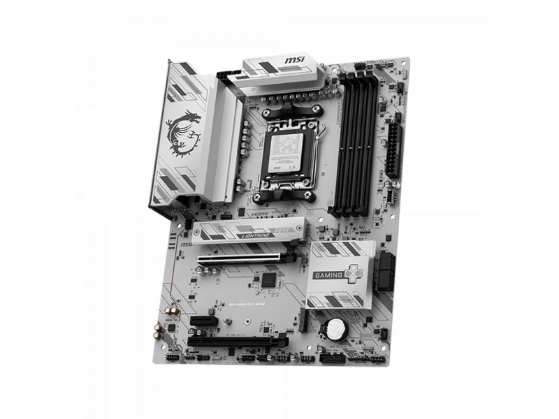 MSI B850 Gaming Plus WiFi6E — слоты PCIe, сокет AM5 и радиатор зоны VRM, угловой вид