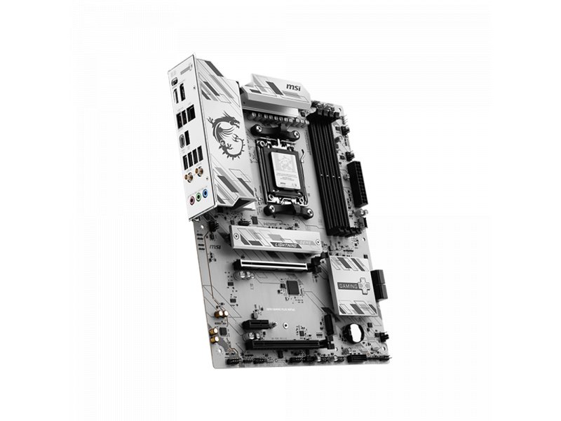 MSI B850 Gaming Plus WiFi6E — боковой профиль, разъёмы питания EPS 8 pin + 8 pin сверху
