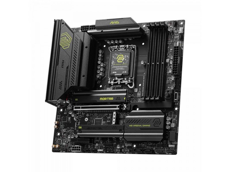 MSI MAG B860M MORTAR WIFI — вид сверху, слоты DDR5, разъём LGA 1851, M.2 и зона VRM с радиатором