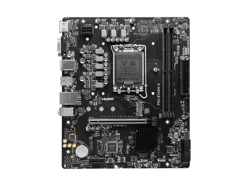 MSI PRO B760M-E вид сверху — слоты DDR5 DIMM, сокет LGA 1700, разъём M.2, порты SATA и колодки питания
