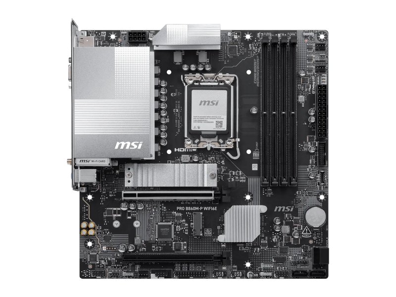 MSI PRO B860M-P WiFi6E вид сверху — сокет LGA 1851, слоты DDR5, радиаторы VRM и слоты M.2