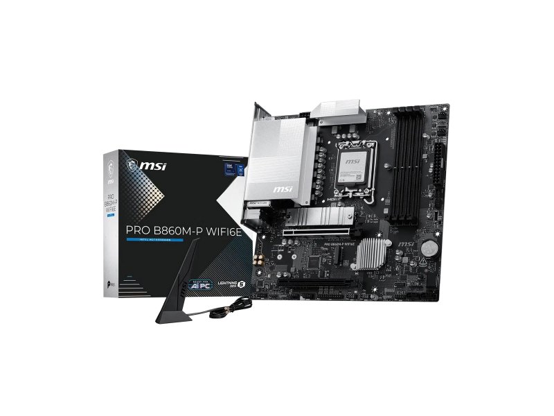 Комплектация MSI PRO B860M-P WiFi6E — материнская плата, SATA кабель, Wi-Fi антенна, крепёжный комплект