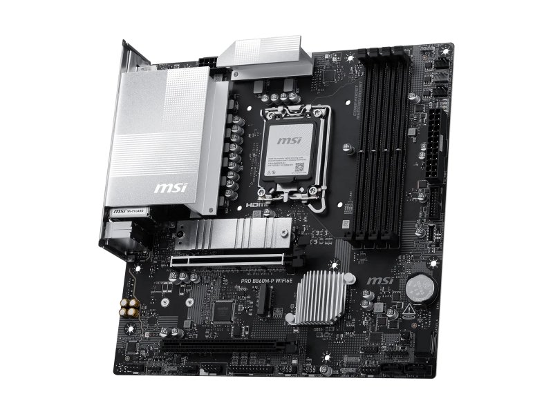 MSI PRO B860M-P WiFi6E вид под углом — слоты расширения PCIe 5.0, сокет LGA 1851 и зона питания VRM