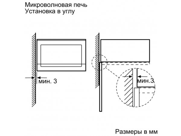 Bosch BFL524MS0 схема монтажа в угловой шкаф минимальные зазоры 3 мм технический чертёж