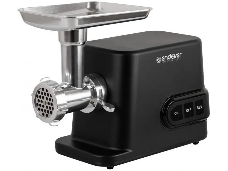 Endever Sigma-113 черная мясорубка вид спереди, кнопки ON/OFF/REV, металлические насадки