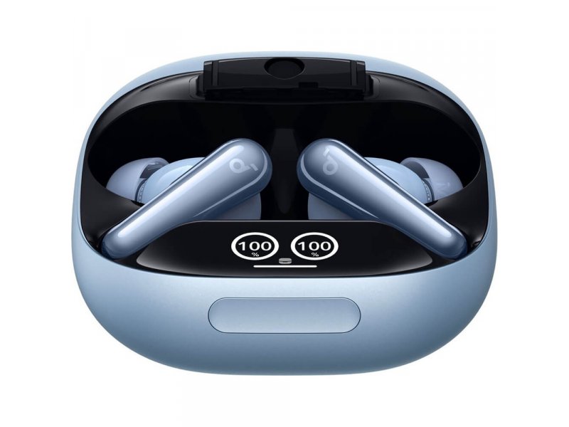 Soundcore Liberty 4 Pro &mdash; наушники и кейс голубого цвета, вид сверху