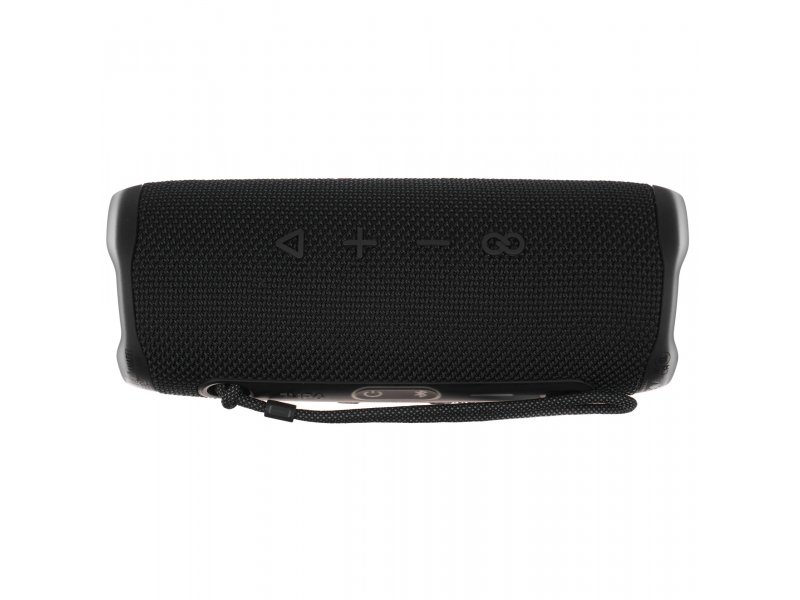JBL Flip 6 вид сзади — органы управления, текстурированный пластиковый корпус, текстильный ремешок