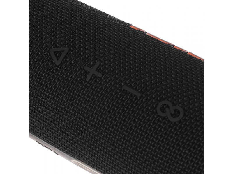 JBL Flip 6 боковой профиль — кнопки регулировки громкости, красная акцентная полоса, текстильная сетка динамика