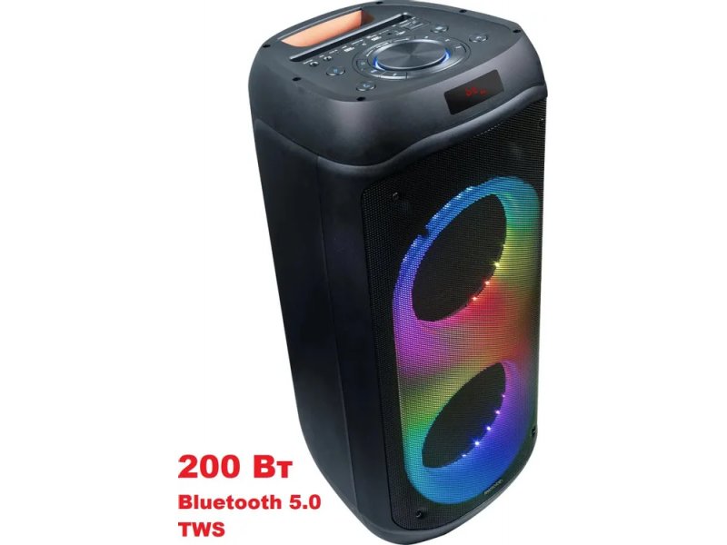 Microlab PT802 сбоку — RGB-подсветка кольца и маркировка 200 Вт, Bluetooth 5.0