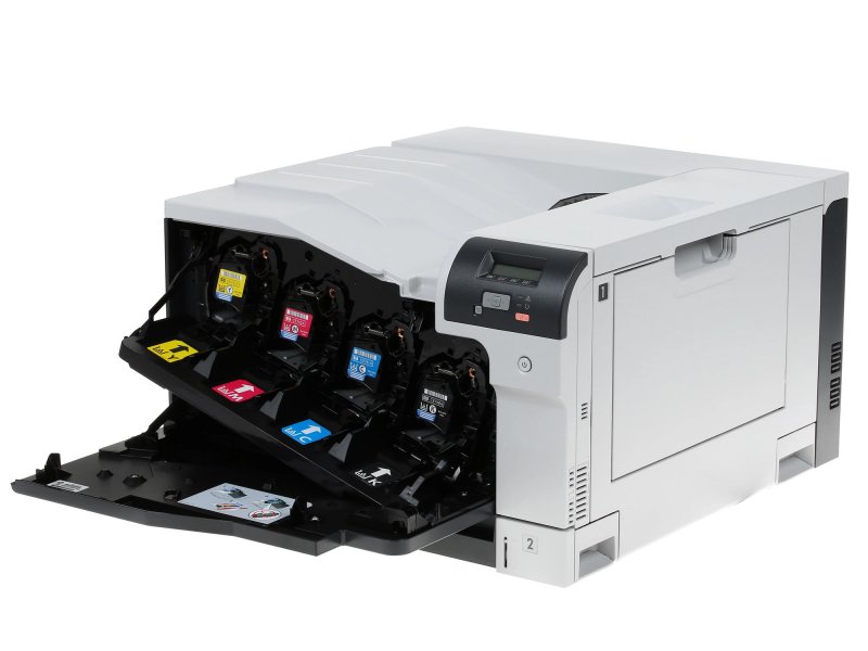 HP Color LaserJet Pro CP5225N — картриджи CE740A CE741A CE742A CE743A, установленные в принтер