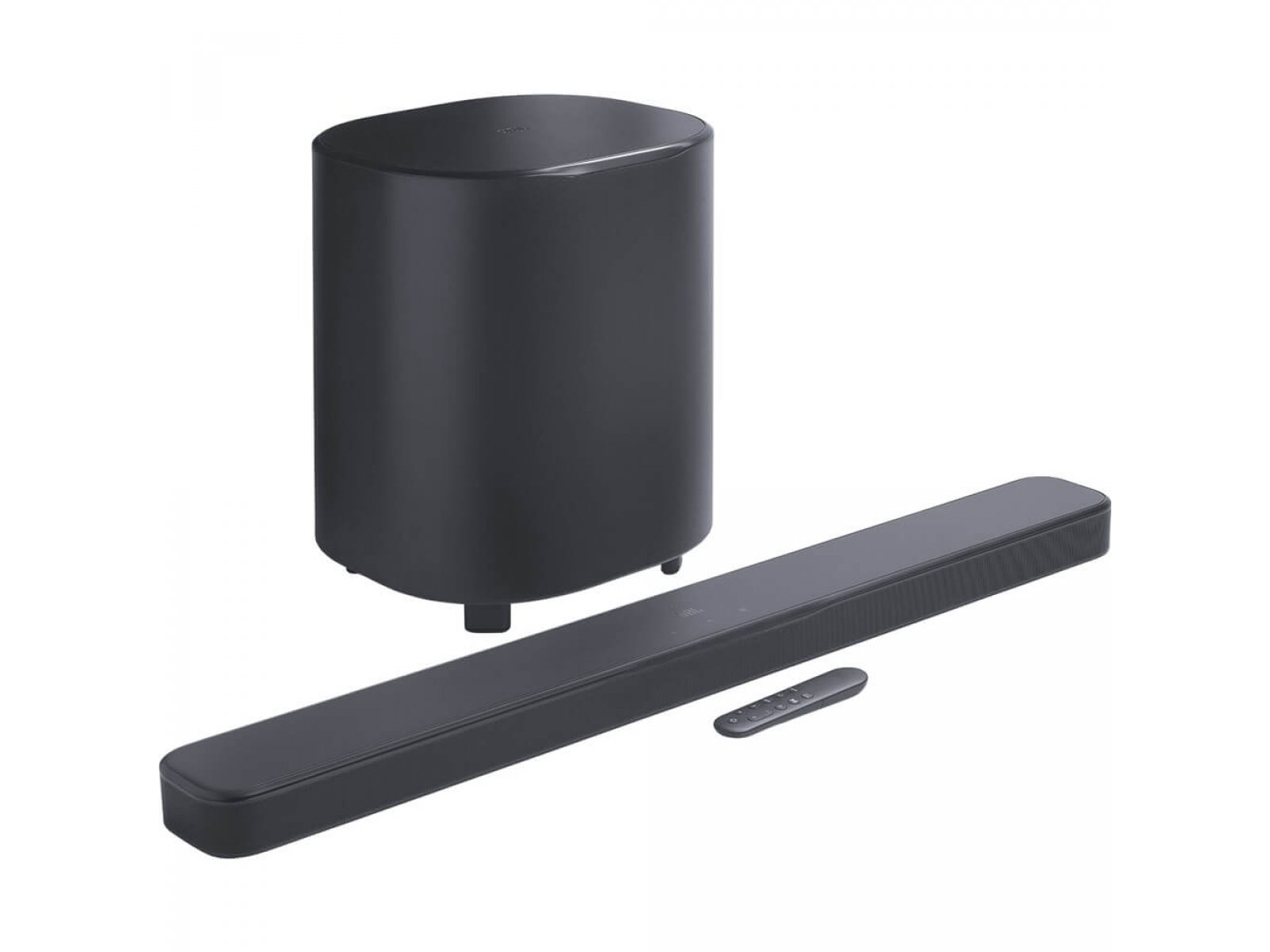 JBL Bar 500 MK2 &mdash; полная комплектация в 3D-перспективе: саундбар, сабвуфер, пульт