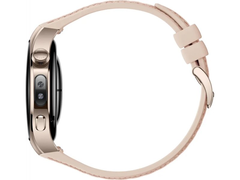 Huawei Watch 5 Soc-L29L 42mm — боковой вид, металлический ободок из нержавеющей стали, цифровая корона и кнопки управления