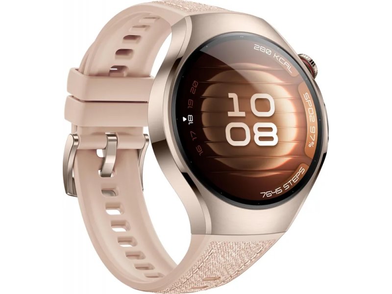 Huawei Watch 5 Soc-L29L 42mm — полный профиль с кожаным ремешком бежевого цвета, круглый корпус