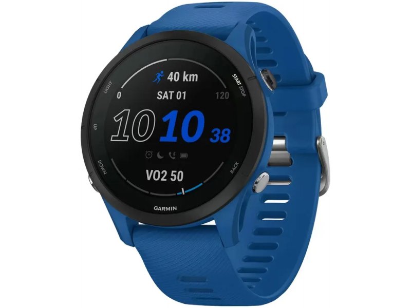 Garmin Forerunner 255 33мм синий черный на руке — экран с циферблатом, показатели времени и VO2 Max
