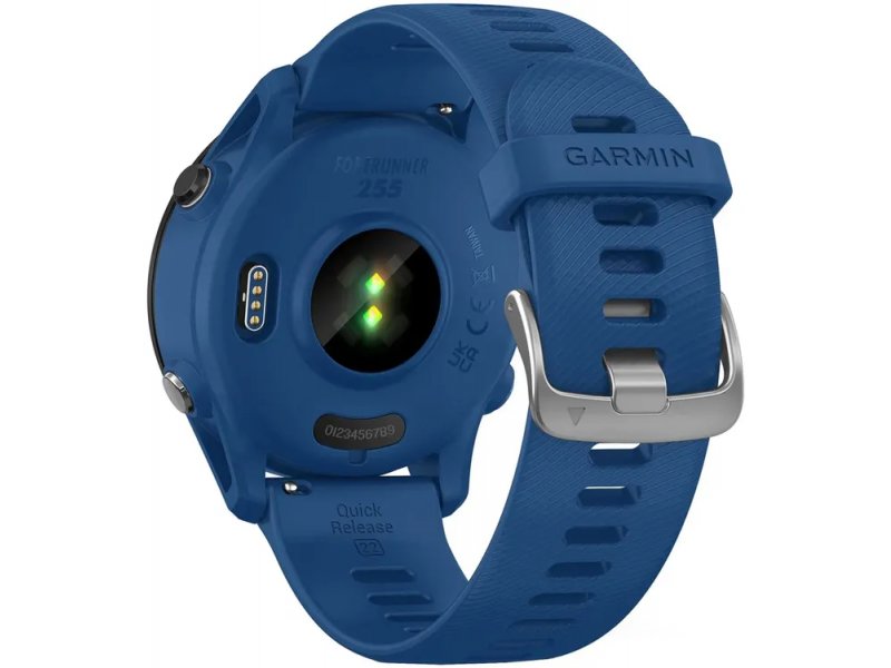 Garmin Forerunner 255 33мм — вид сзади, оптический пульсометр (зелёные светодиоды), контакты зарядки, Quick Release