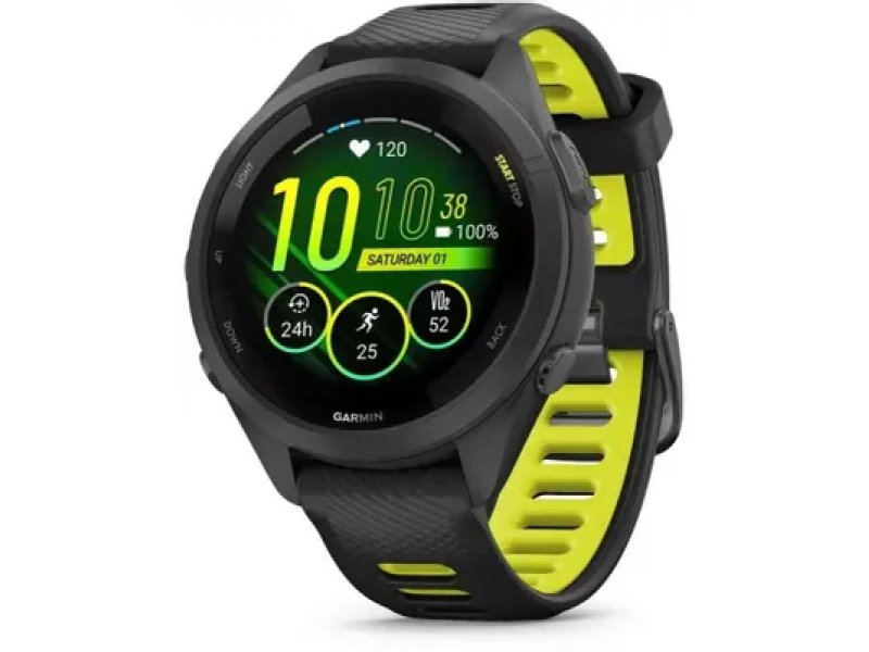 Garmin Forerunner 265S 27.5mm на руке — AMOLED-экран с пульсом и фитнес-виджетами, чёрно-жёлтый ремешок