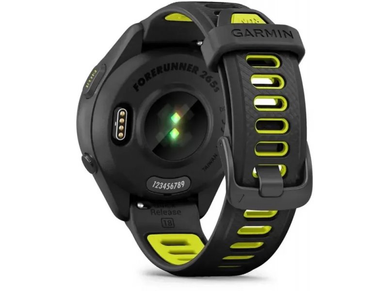 Garmin Forerunner 265S — боковой профиль: кнопки управления, датчик ЧСС сзади, чёрно-жёлтый дизайн