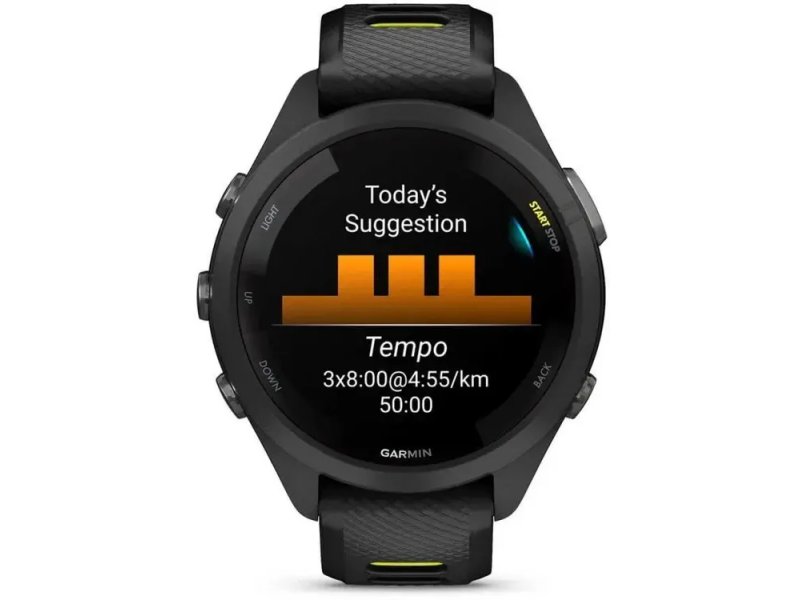 Garmin Forerunner 265S — экран с рекомендацией тренировки: темп и метроном для бега