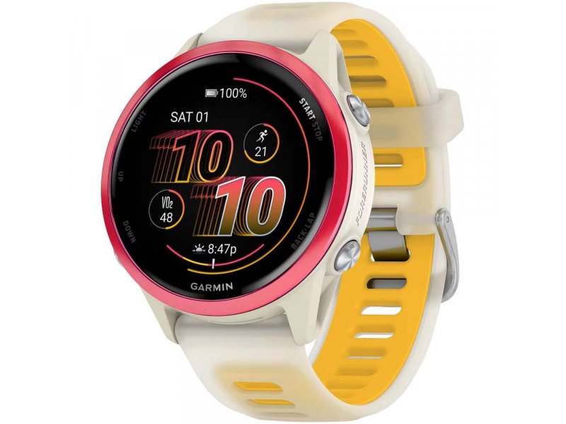 Garmin Forerunner 570 42mm белый розовый на руке — экран с временем и метриками тренировки