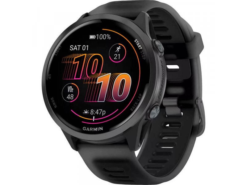 Garmin Forerunner 570 47mm на руке &mdash; AMOLED-экран с интерфейсом тренировки, время 8:47, заряд 100%
