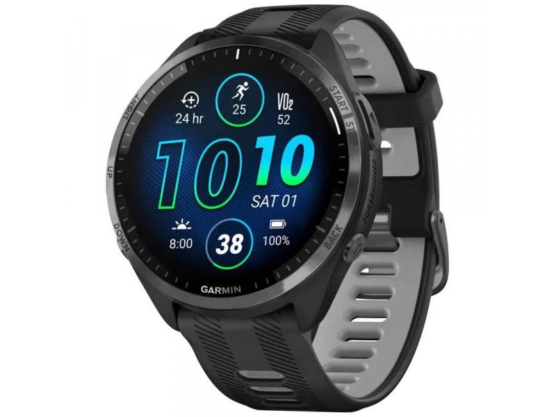 Garmin Forerunner 965 47mm вид спереди — AMOLED-экран с виджетами здоровья и фитнеса, чёрный титановый корпус с серым силиконовым ремешком