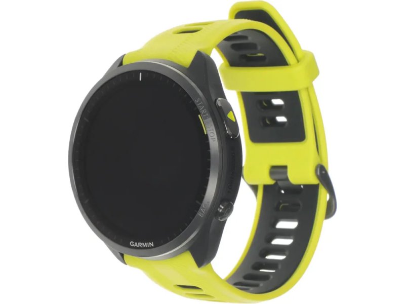 Garmin Forerunner 965 47mm боковой профиль — тонкий корпус 13 мм с чёрно-жёлтым ремешком