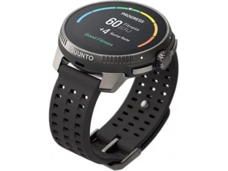 Suunto Race — экран с фитнес-метриками: прогресс тренировки, пульс, шаги, градиентная шкала нагрузки