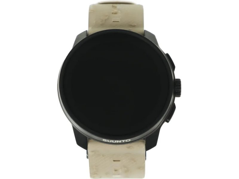 Suunto Race S Gravel Grey — вид спереди с выключенным экраном, серый текстурированный ремешок и боковые кнопки управления